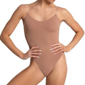 CAPEZIO CAMISOLE LEOTARD WITH CLEAR TRANSITION STRAPS (Suntan- XS/Adult)